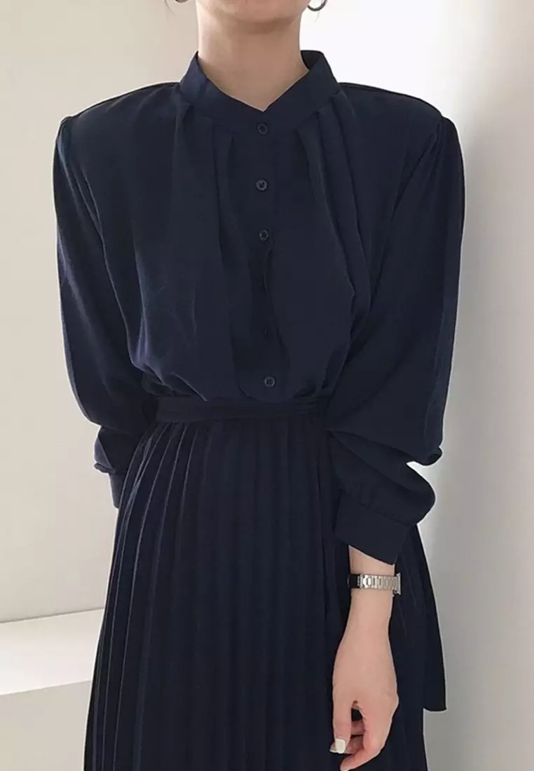 Korean bubble sleeve pleated stand up collar lace up dress CA24092714BK