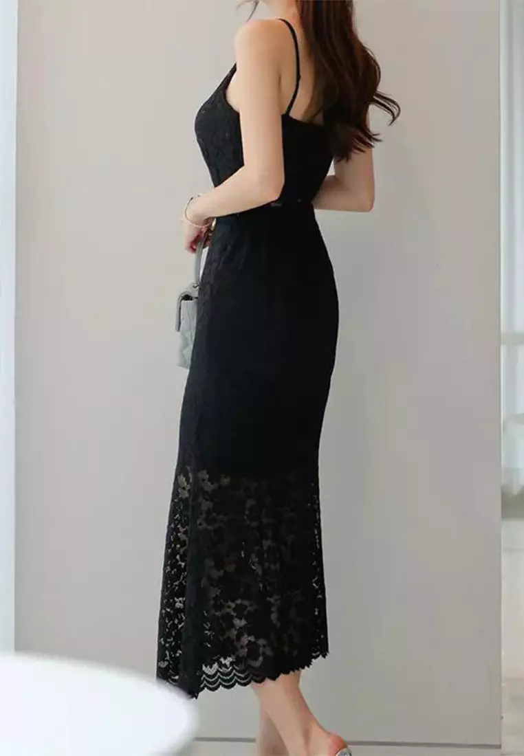 French Style Black Hollow Lace Strap Dress CA100568BK-L