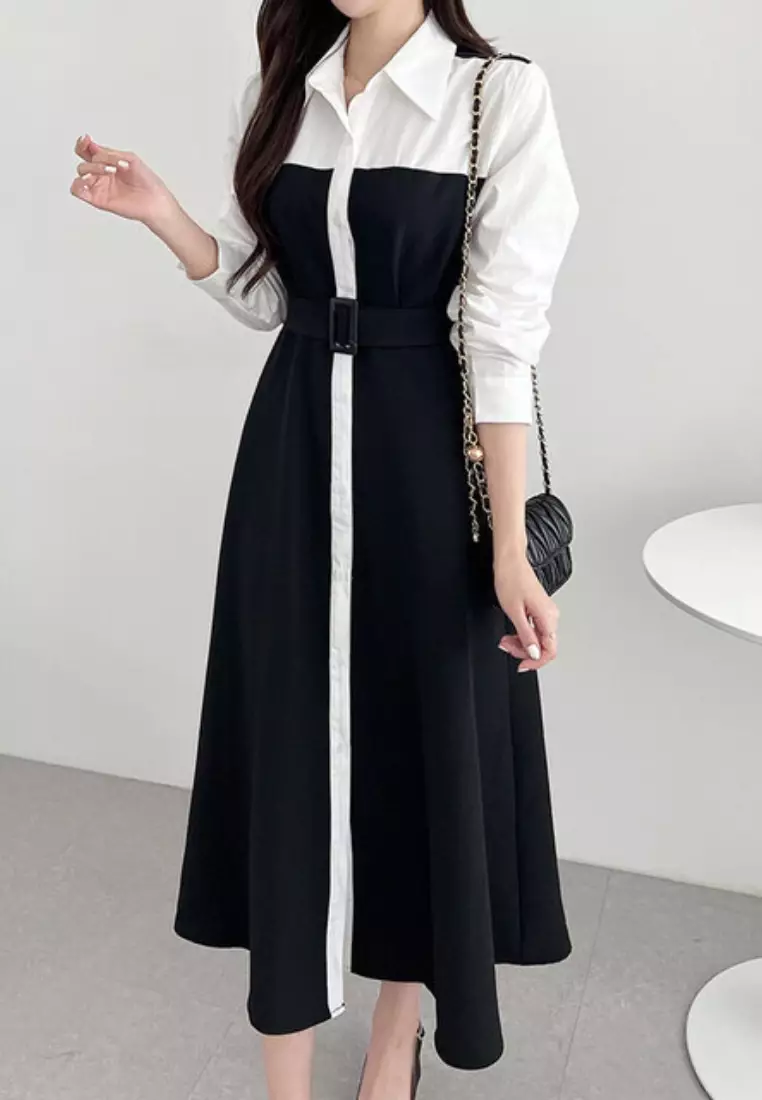 New elegant single-breasted contrasting color splicing shirt long-sleeved dress K103102BE