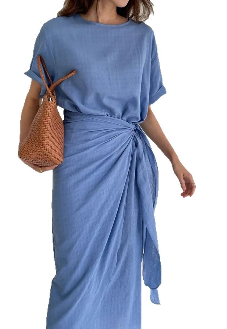 French retro tie waist casual dress CA25021314BL