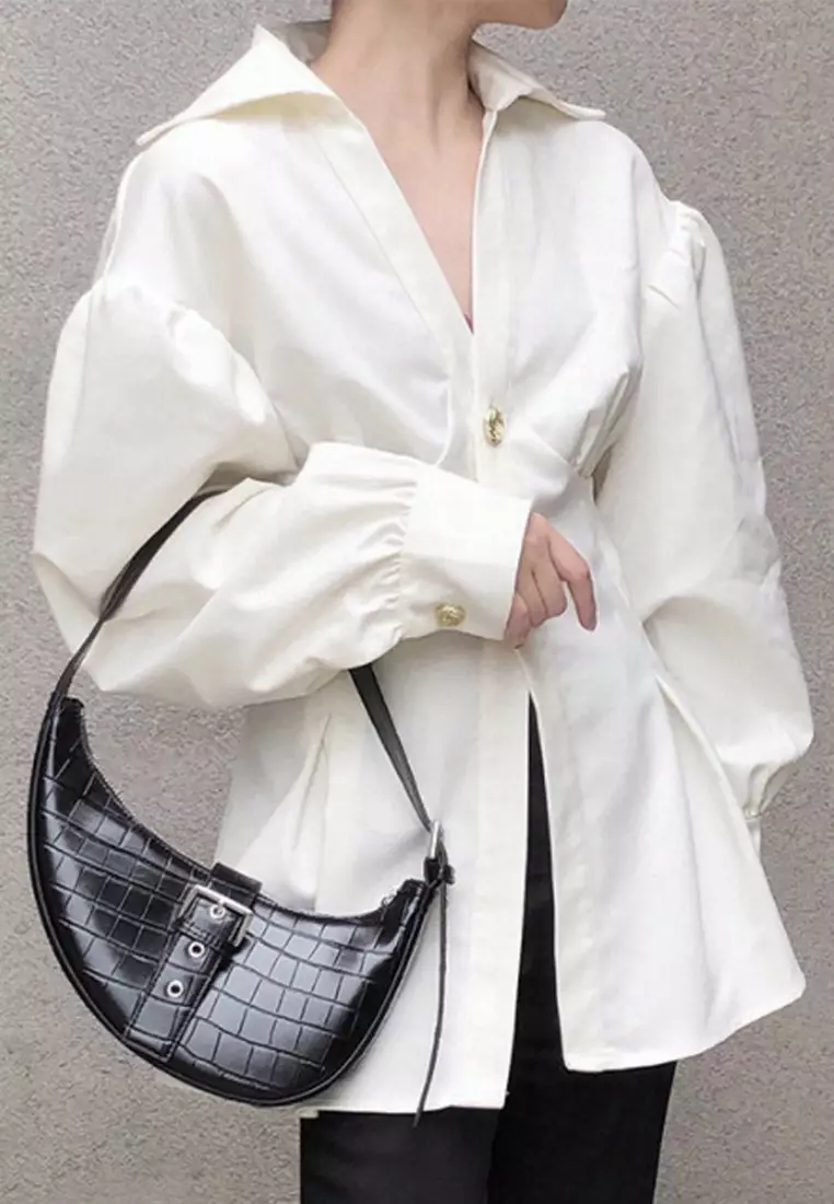 French V-neck button white shirt CA24092329W