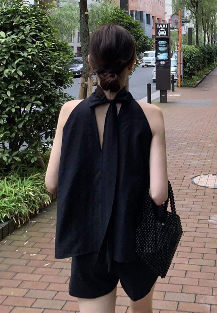 Summer New Style Stand up Collar Strap Top CA25042915BK