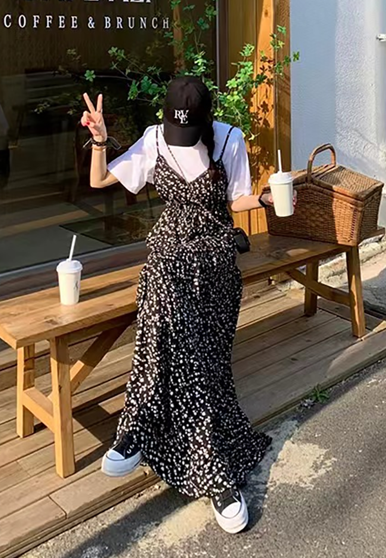 Vintage V-neck patchwork lace camisole dress  CA25032721BK