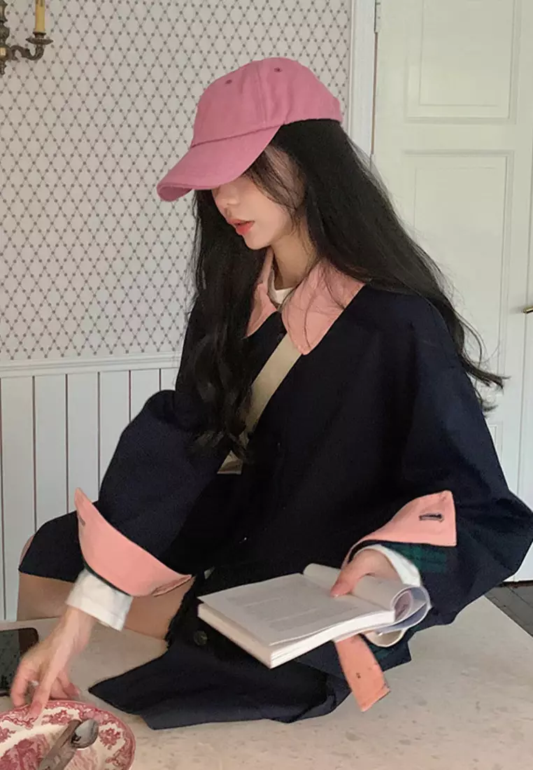 Color blocking versatile long casual windbreaker jacket CA24092323BL