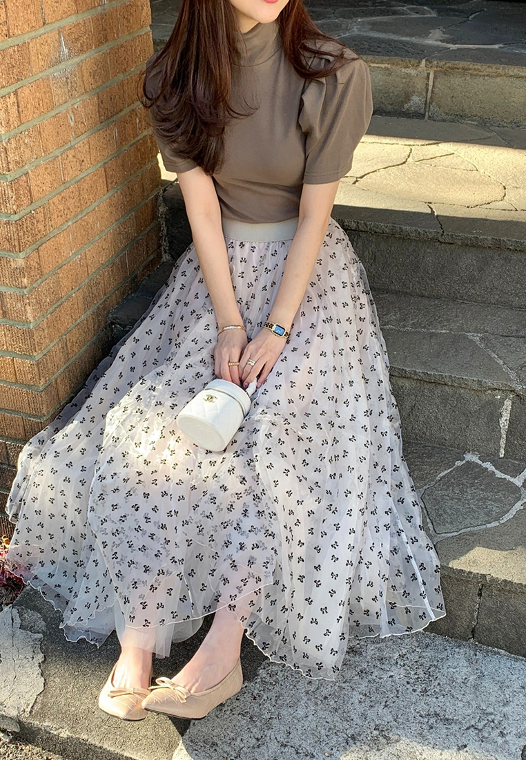 Spring printed high waist mesh long skirt CA25021333BK