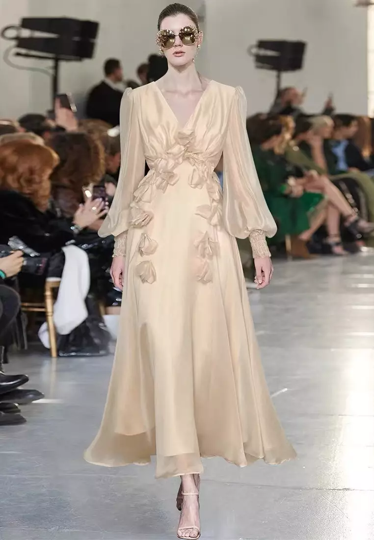 Champagne lantern sleeve lace up dress CA24102522BE