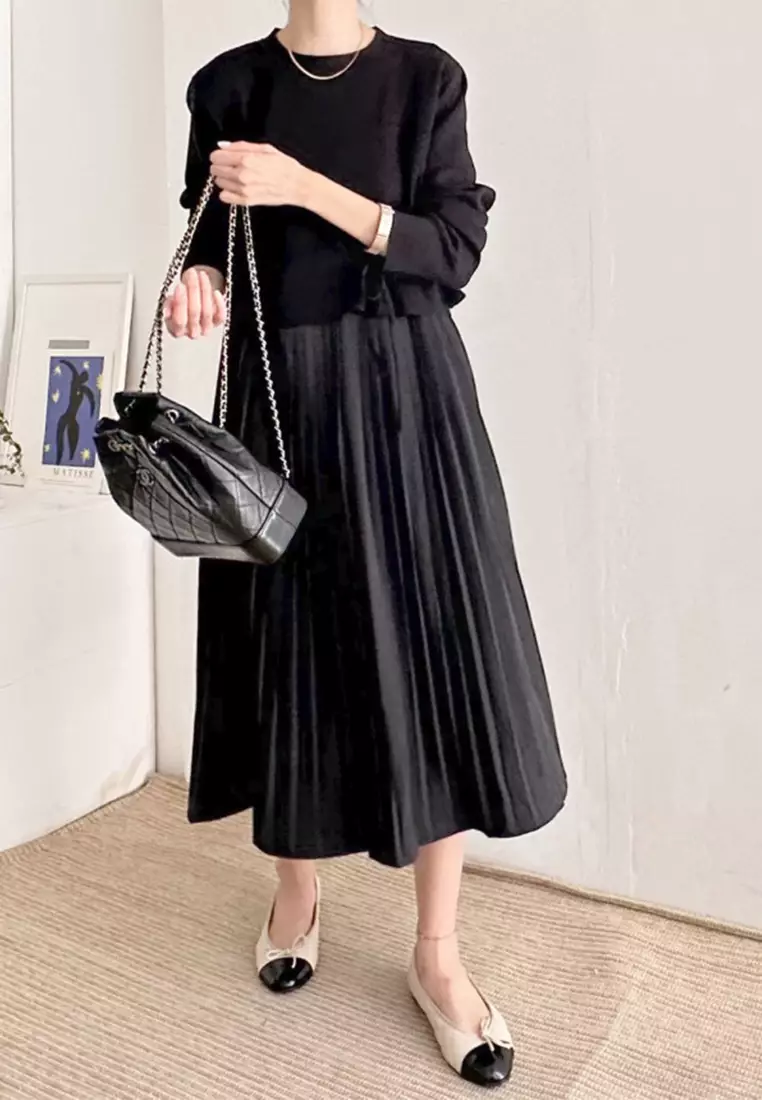 Casual versatile knitted sweater pleated camisole half skirt set CA24092736GY