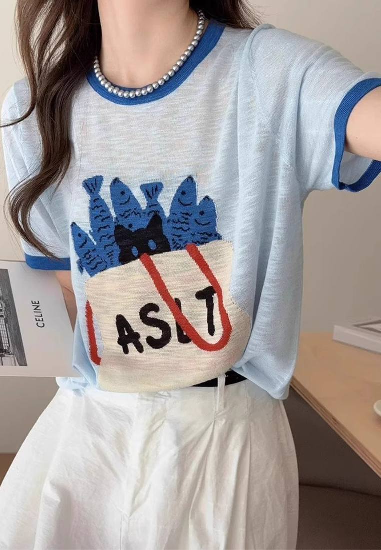 Korean cartoon thin short-sleeved beautiful top CA25091929W