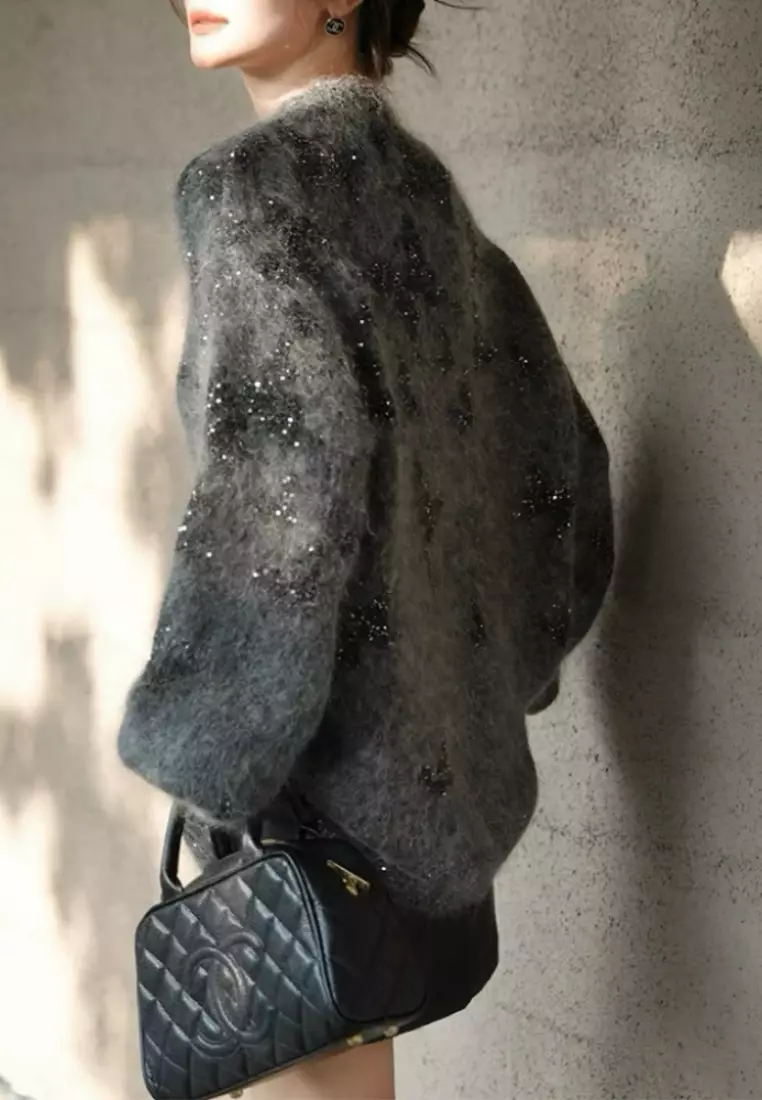 Temperament new gray star pattern shiny mohair knitted sweater top K112601