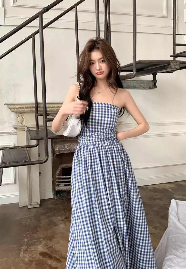 [Copy]2024 Summer New Strapless Fresh Plaid Dress K050904BK