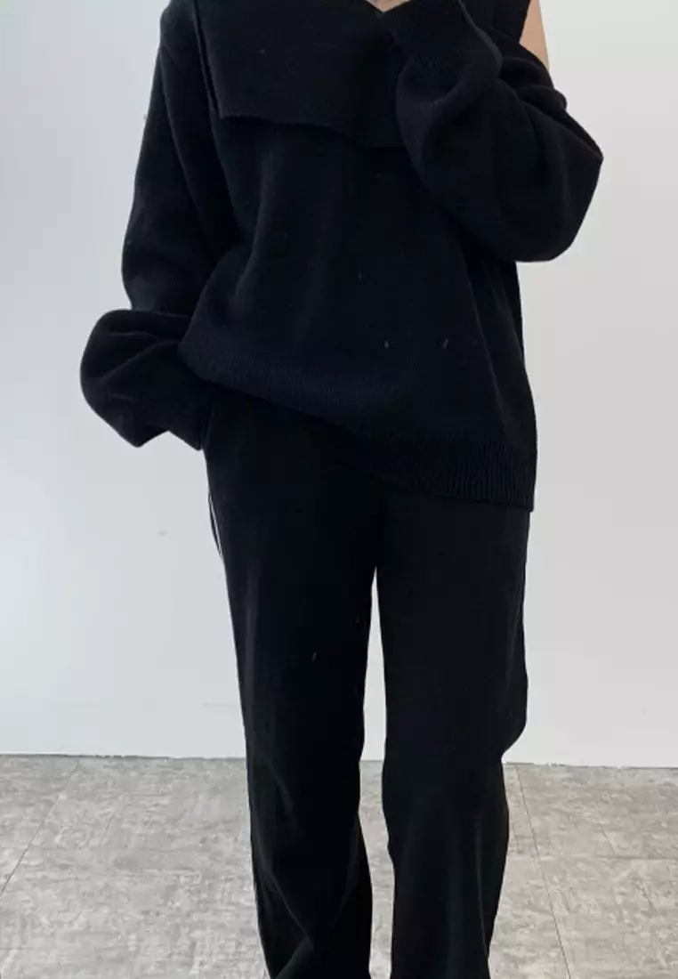 Korean style spliced loose long sleeved knitted sweater CA24092727GY