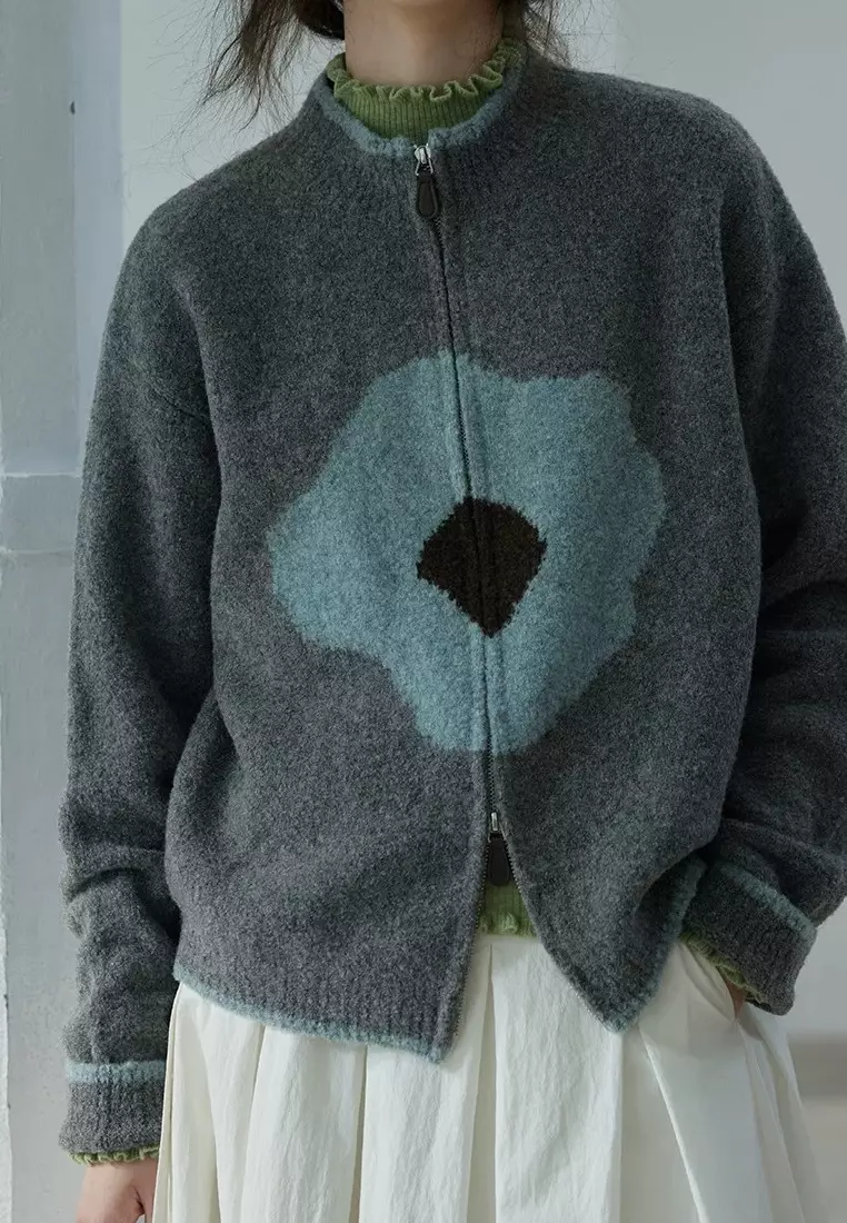 Retro style new flower pattern zipper knitted sweater jacket Cardigan K120302GY