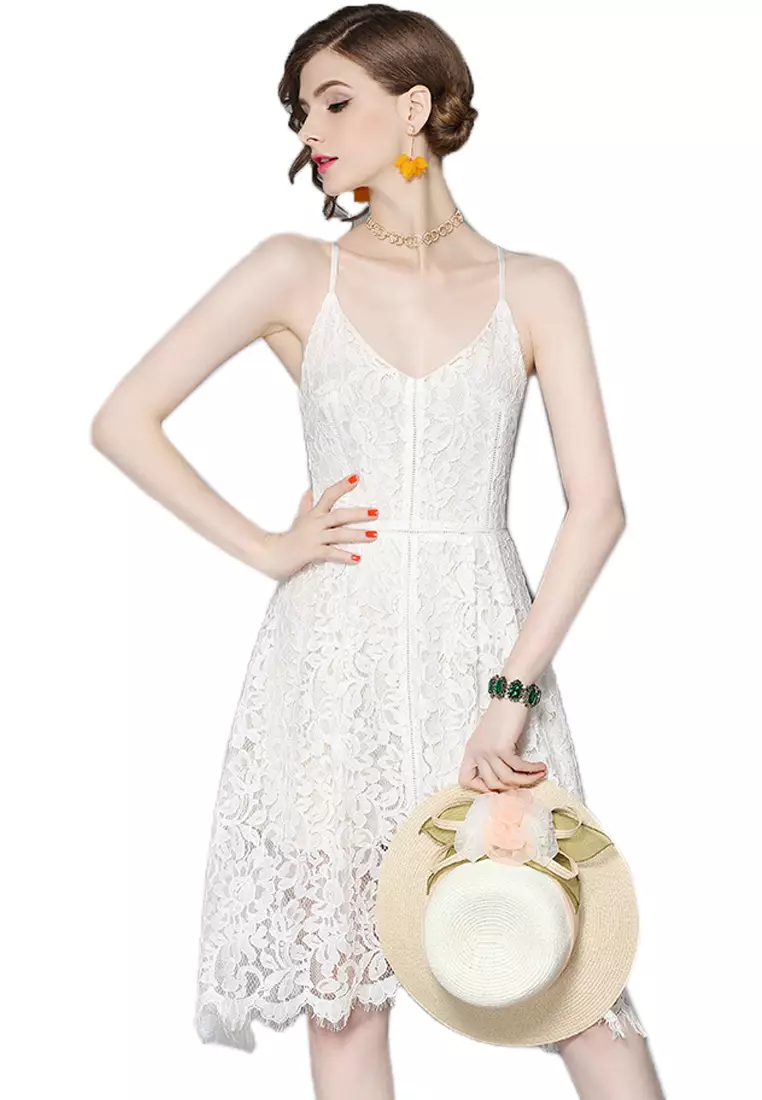 6- Summer New White V  Neck Lace One  Piece Dress CA062891W-S