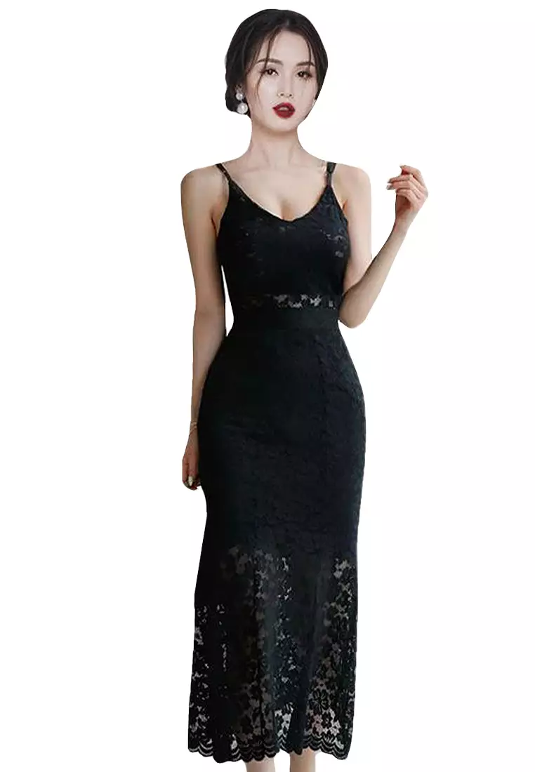 French Style Black Hollow Lace Strap Dress CA100568BK-L