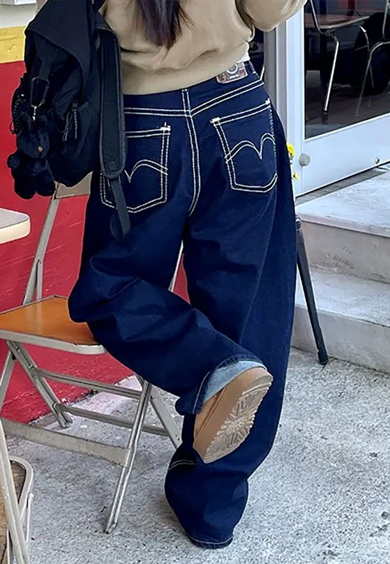New retro Hong Kong style high waist straight loose denim trousers CA25021309BL