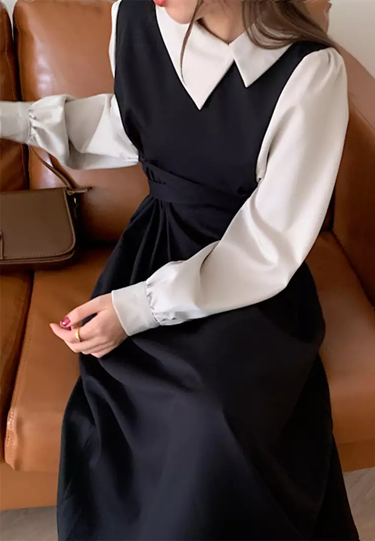 French retro contrasting lapel patchwork lace up dress CA24092715BW