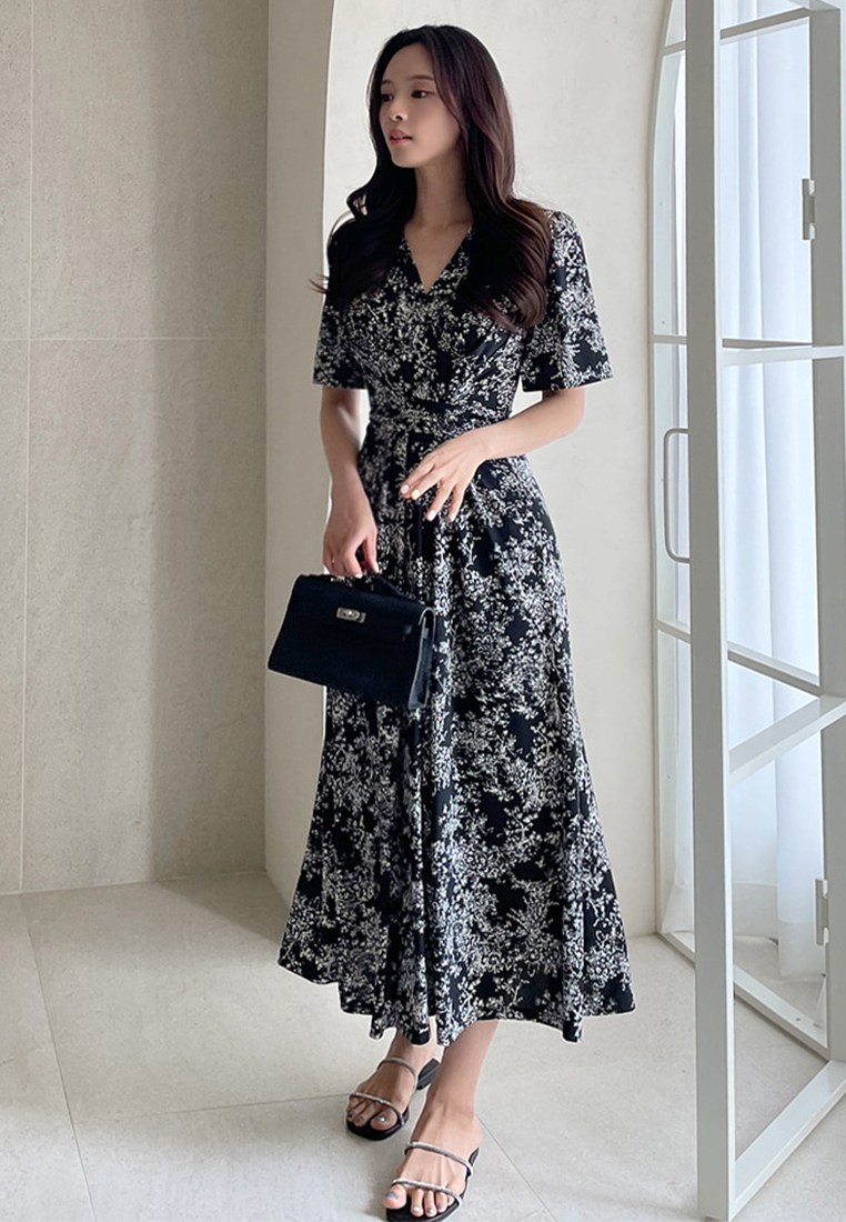 French style ink printed lace up dress CA25032714BK