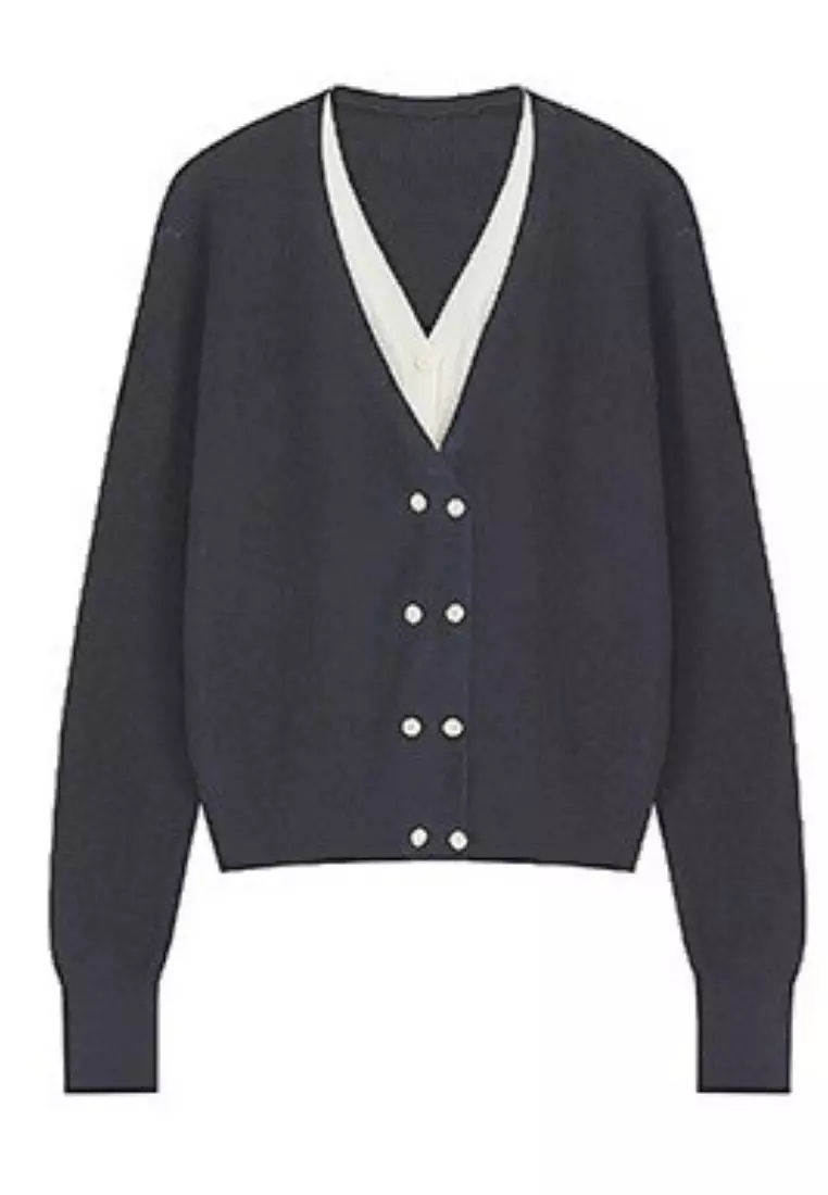 Temperament new color block V-neck knitted fake two-piece top K112505GY