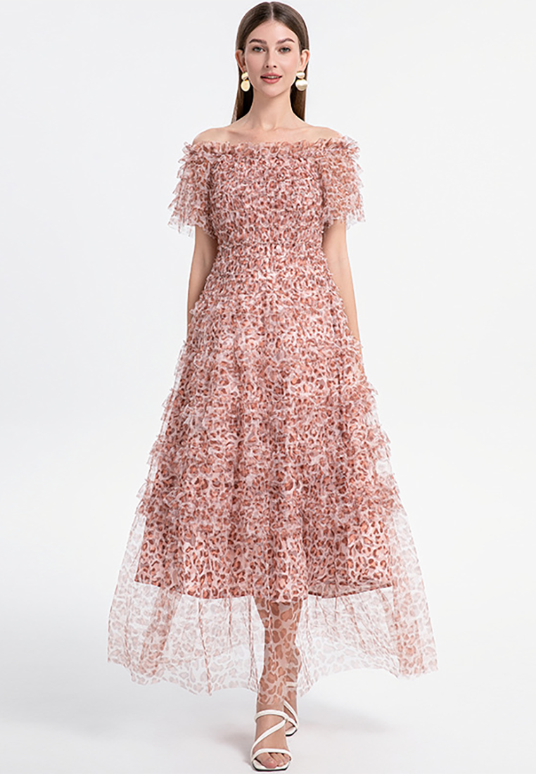 French off-shoulder puff sleeve leopard print mesh dress CA25021352MT