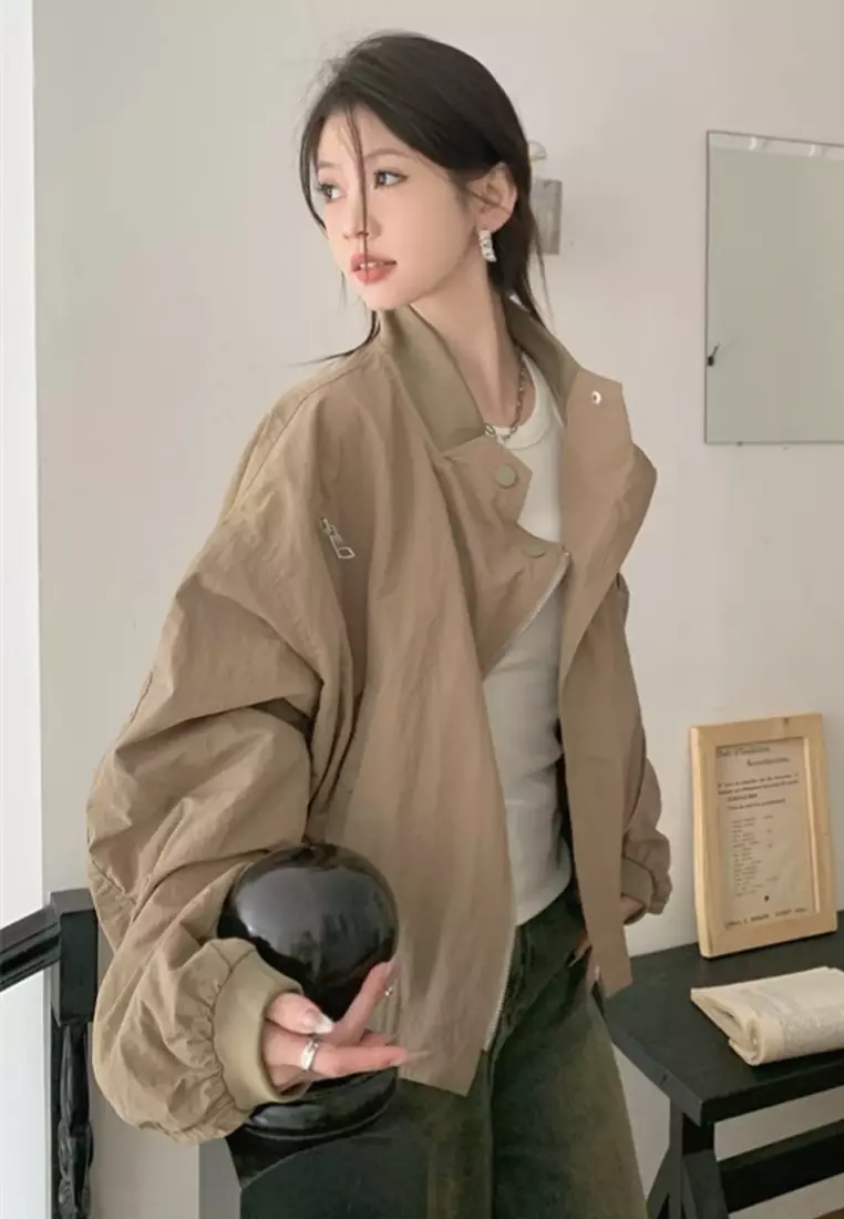 Stand up collar zipper solid color jacket CA24092327BK