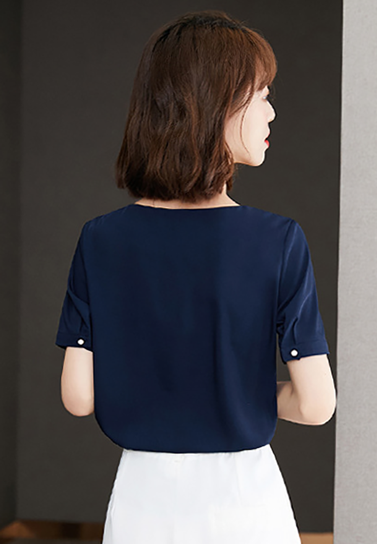 Western-Style Navy Blue Collar Loose Short-Sleeved Top A22022519BL