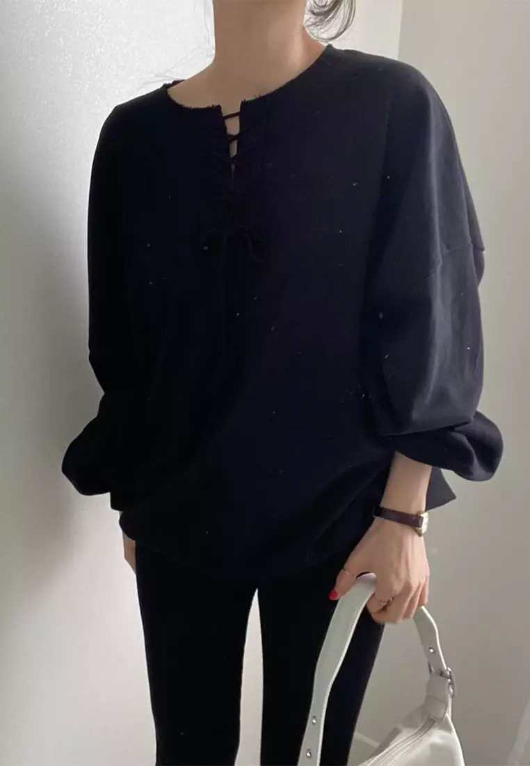 Vintage lace up lantern sleeve loose top CA24092514GY