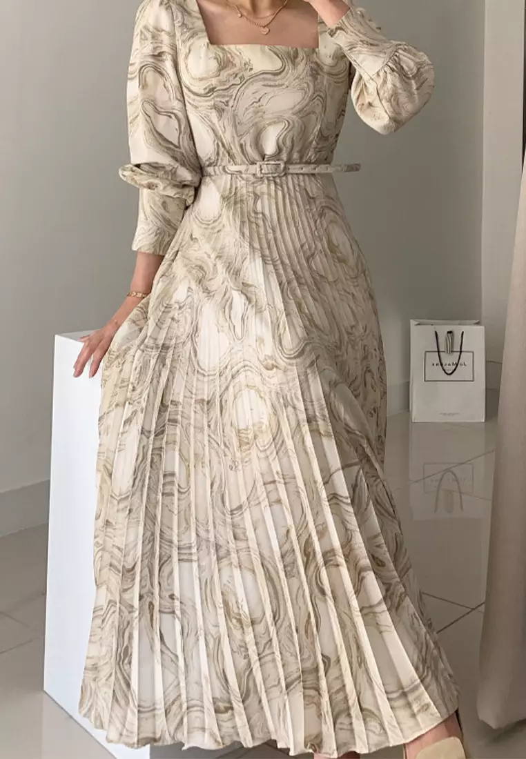 Fashionable printed waist cinching dress with belt included CA24092746MT