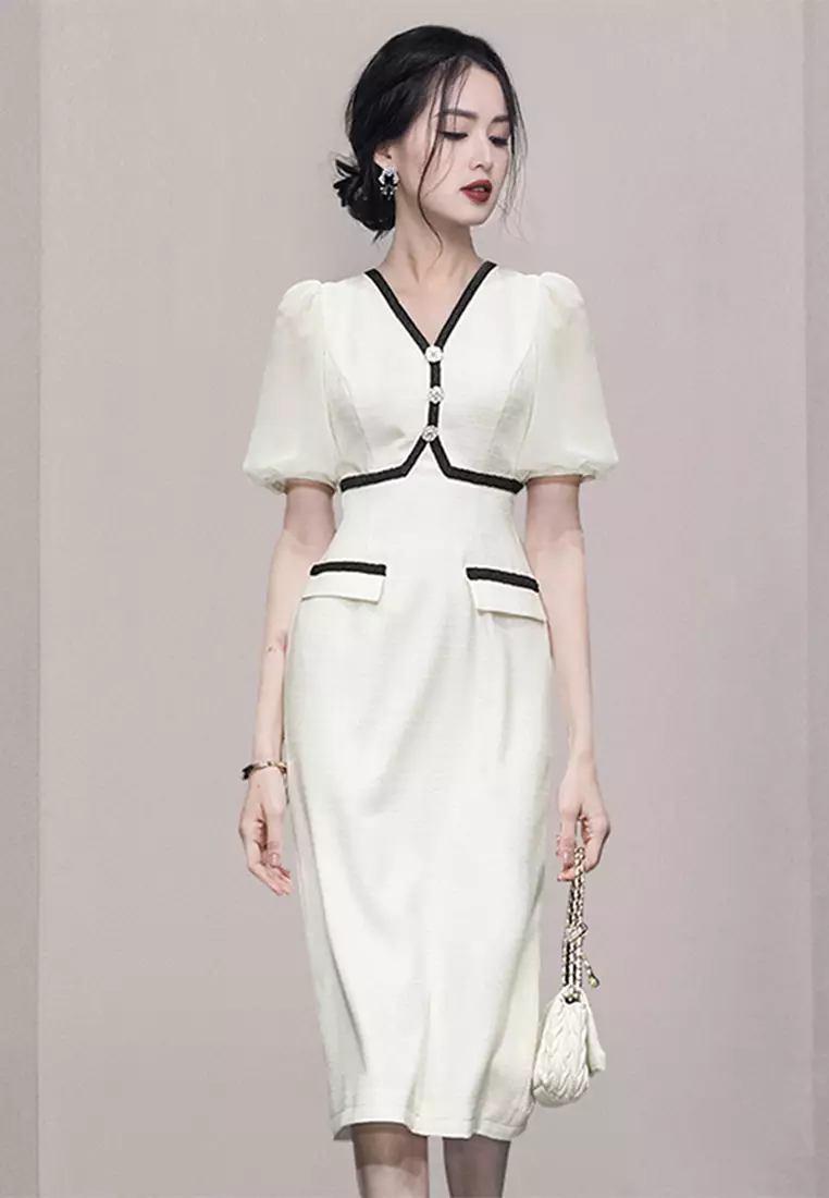 2024 Summer New Fashionable and Elegant V-neck Lantern Sleeve Dress CA061395