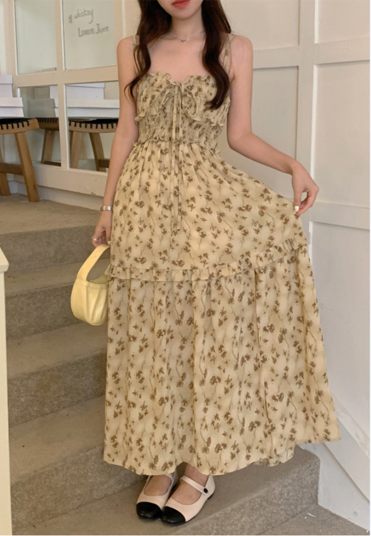 Retro square collar waist cinching floral suspender dress CA25032736YE