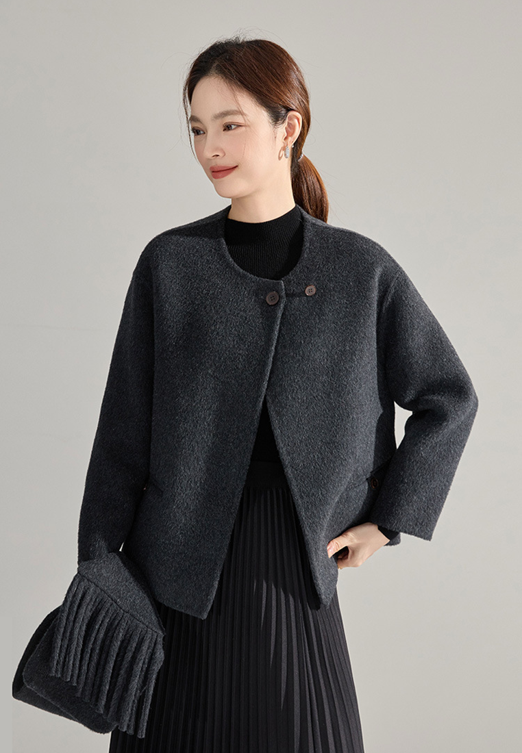 Winter detachable tassel scarf camel hair double-faced wool coat CA25010704GY