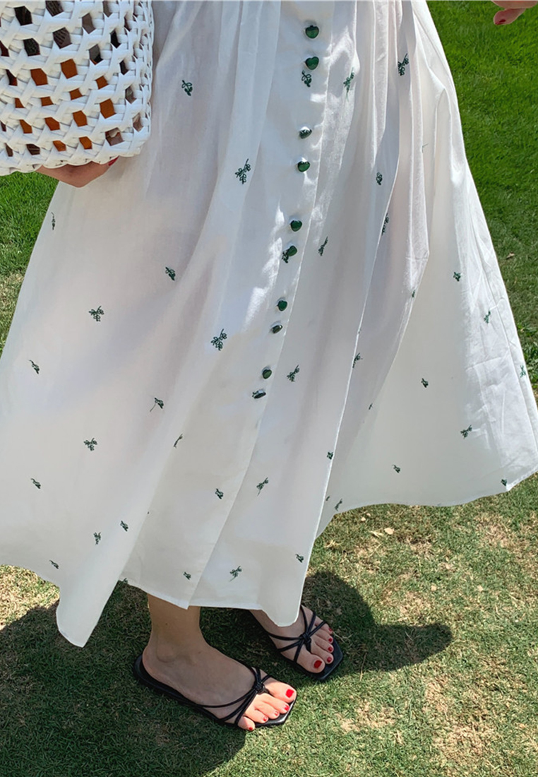 Embroidered button waist cinching bubble sleeve dress CA25032730GR