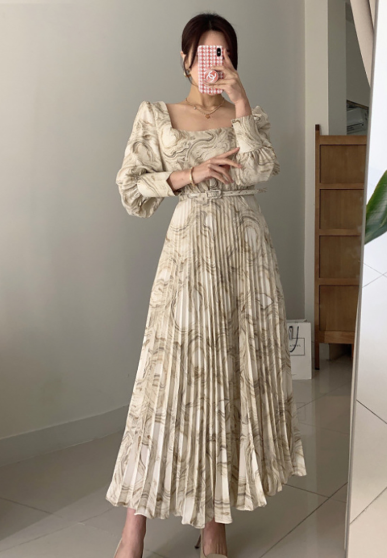 Fashionable printed waist cinching dress with belt included CA24092746MT