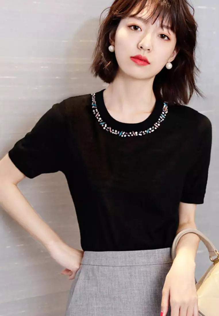 Korean Style Woolen Beaded Ultra-Thin Top A21031903BK