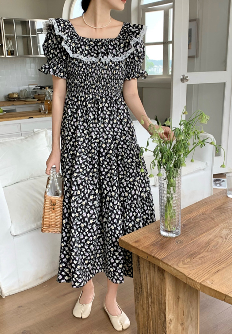 French square neck gentle flared sleeve dress CA25032735PI