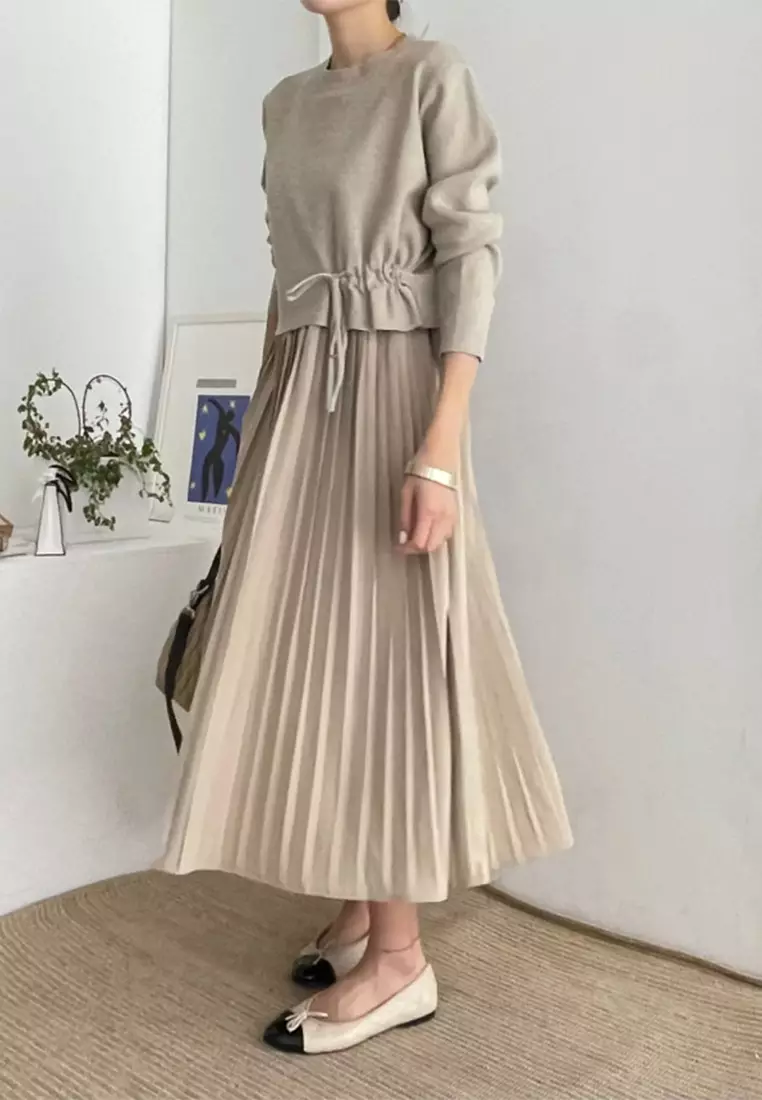 Casual versatile knitted sweater pleated camisole half skirt set CA24092736GY