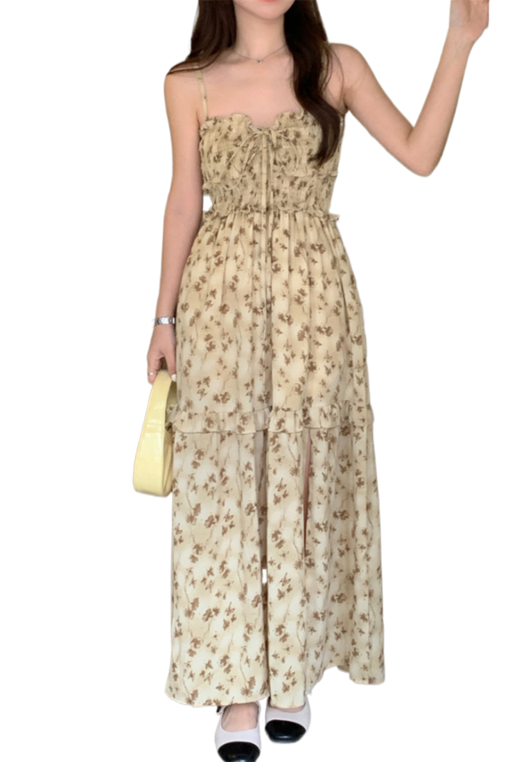 Retro square collar waist cinching floral suspender dress CA25032736YE