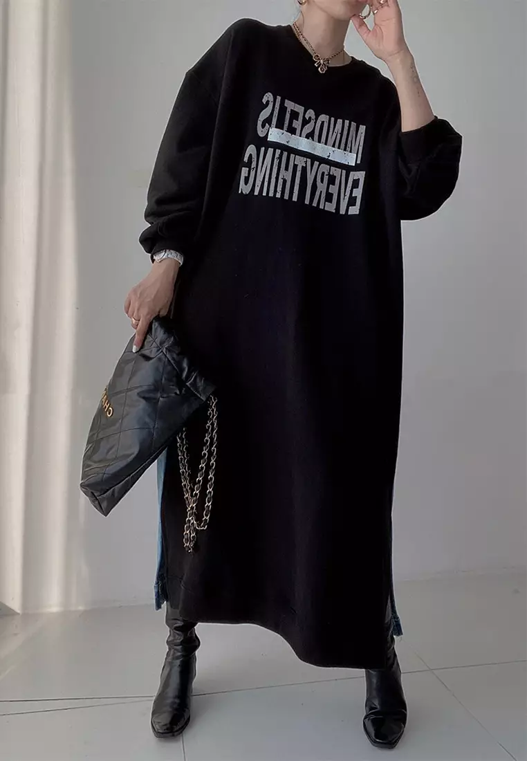 Korean printed patchwork denim loose dress CA24092506GY