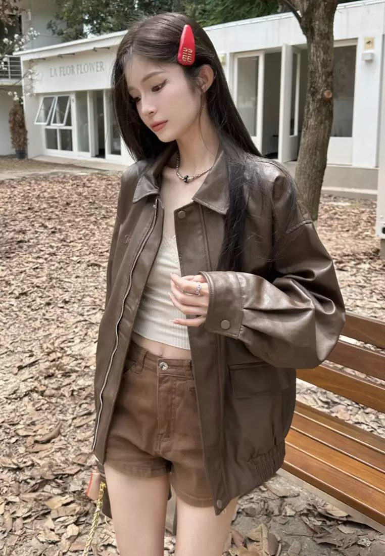 American retro Maillard leather jacket CA24092321BK