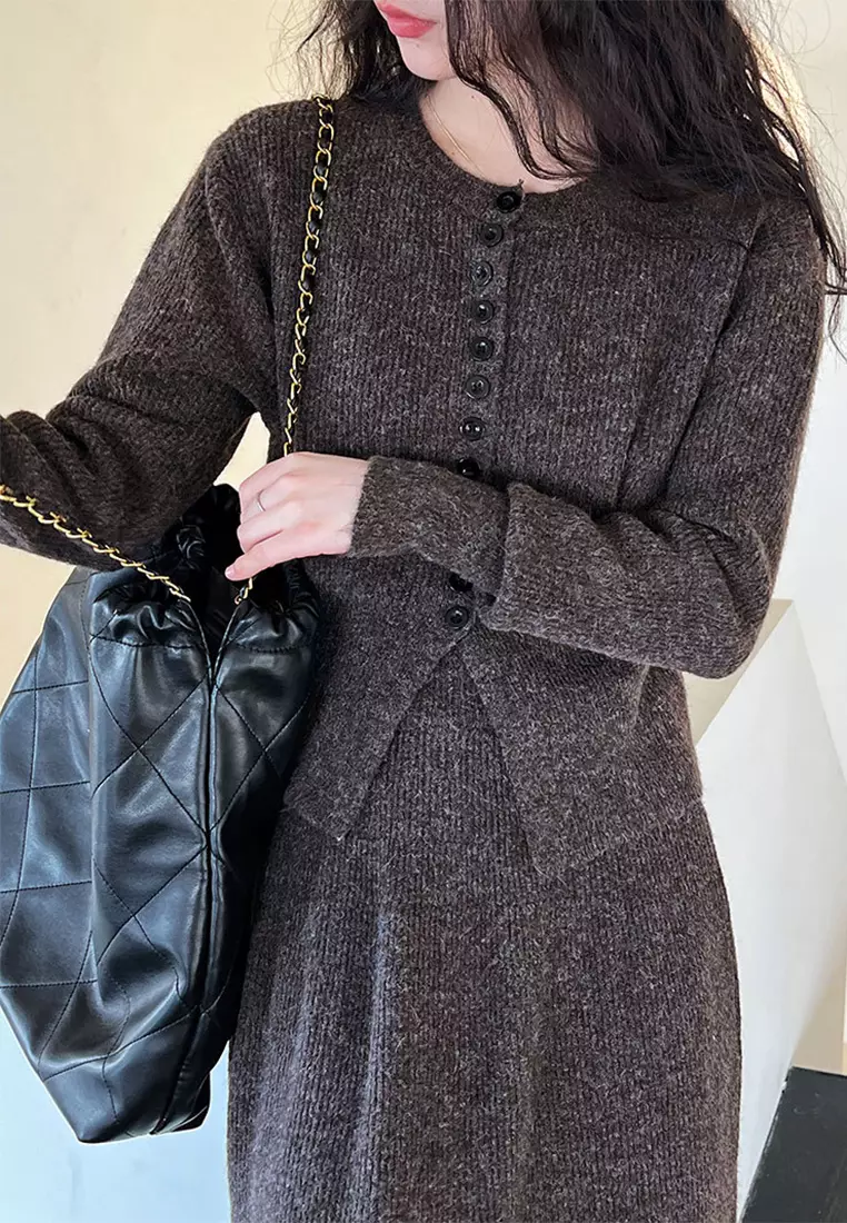 French round neck sweater cardigan skirt set CA24092356GY