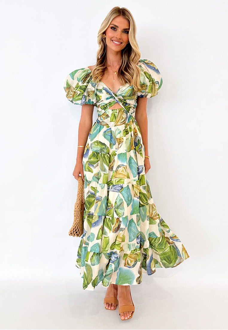 Summer casual printed waist cinched bubble sleeve dress CA25042266GR