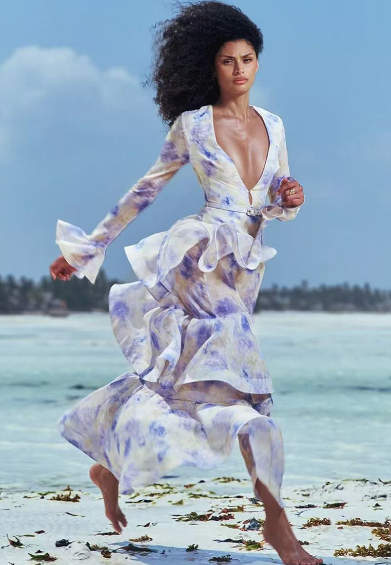 Summer Fashion V-Neck Long Sleeve Printed Dress CA25091456BL