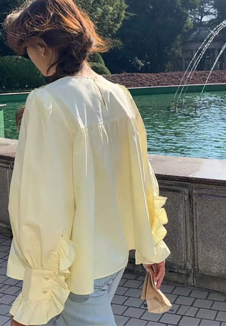 Spring French Round Neck Solid Color Long Sleeve Shirt CA25031101YE