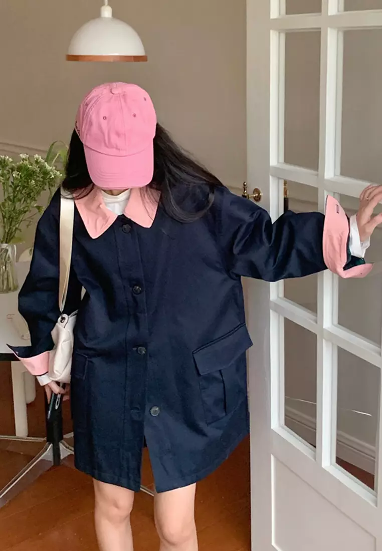 Color blocking versatile long casual windbreaker jacket CA24092323BL