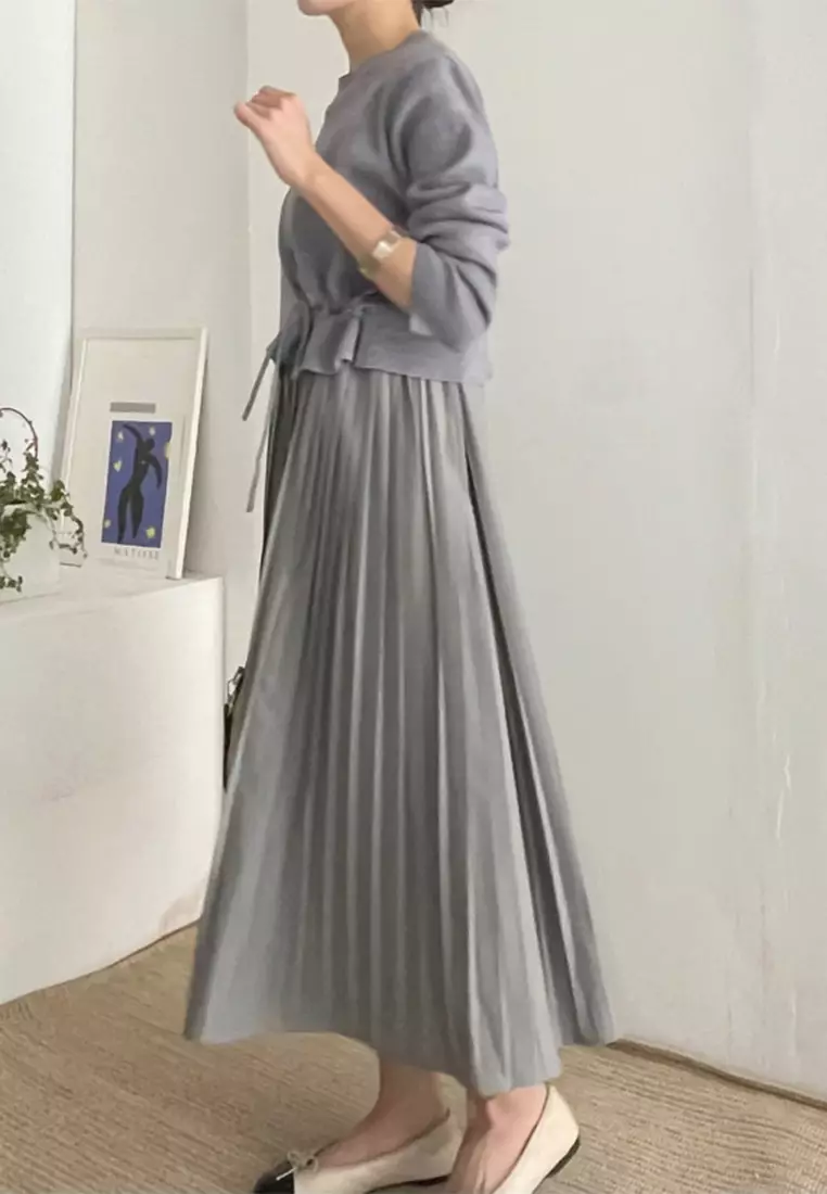 Casual versatile knitted sweater pleated camisole half skirt set CA24092736GY