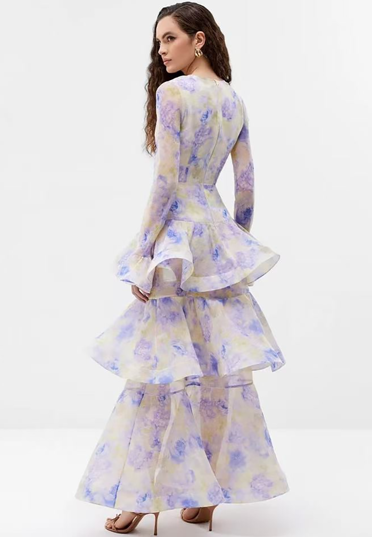 Summer Fashion V-Neck Long Sleeve Printed Dress CA25091456BL