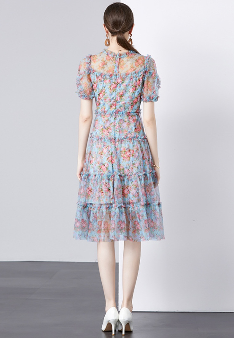 Elegant Floral Print Tulle Tiered Midi Dress K26062802