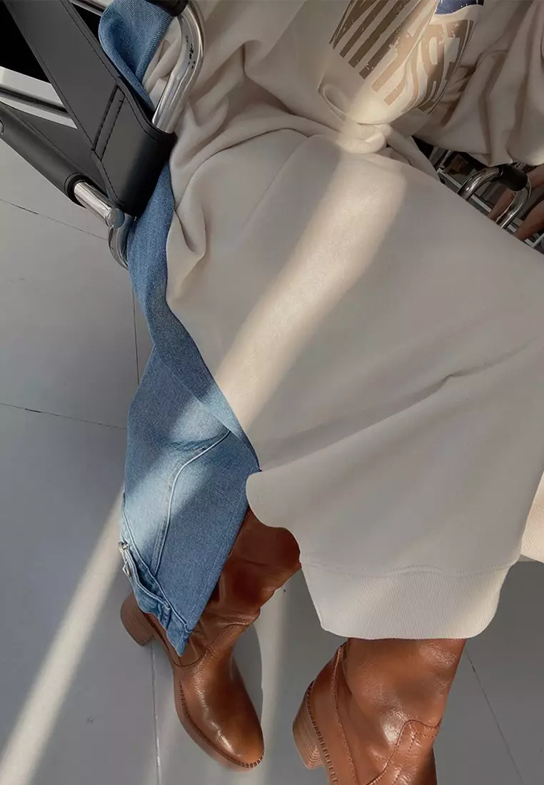 Korean printed patchwork denim loose dress CA24092506GY