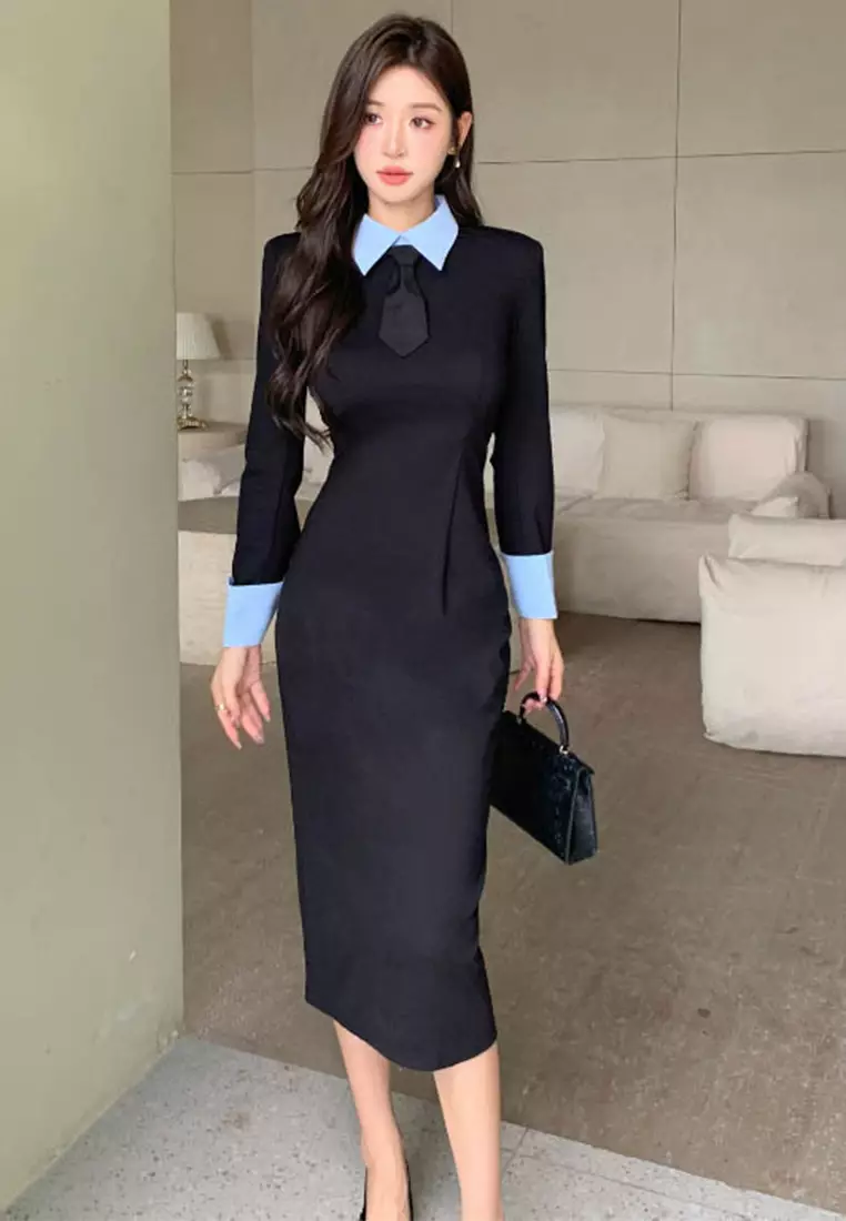 Fashionable slim fit long sleeved dress with tie included CA24092706BL