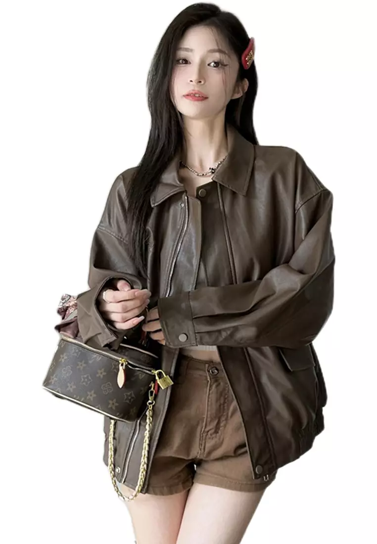 American retro Maillard leather jacket CA24092321BK