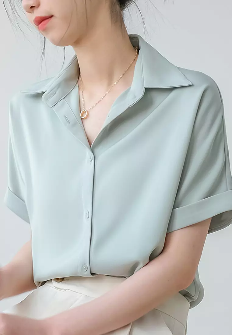 Summer Japanese thin satin drape short-sleeved shirt CA24032503W
